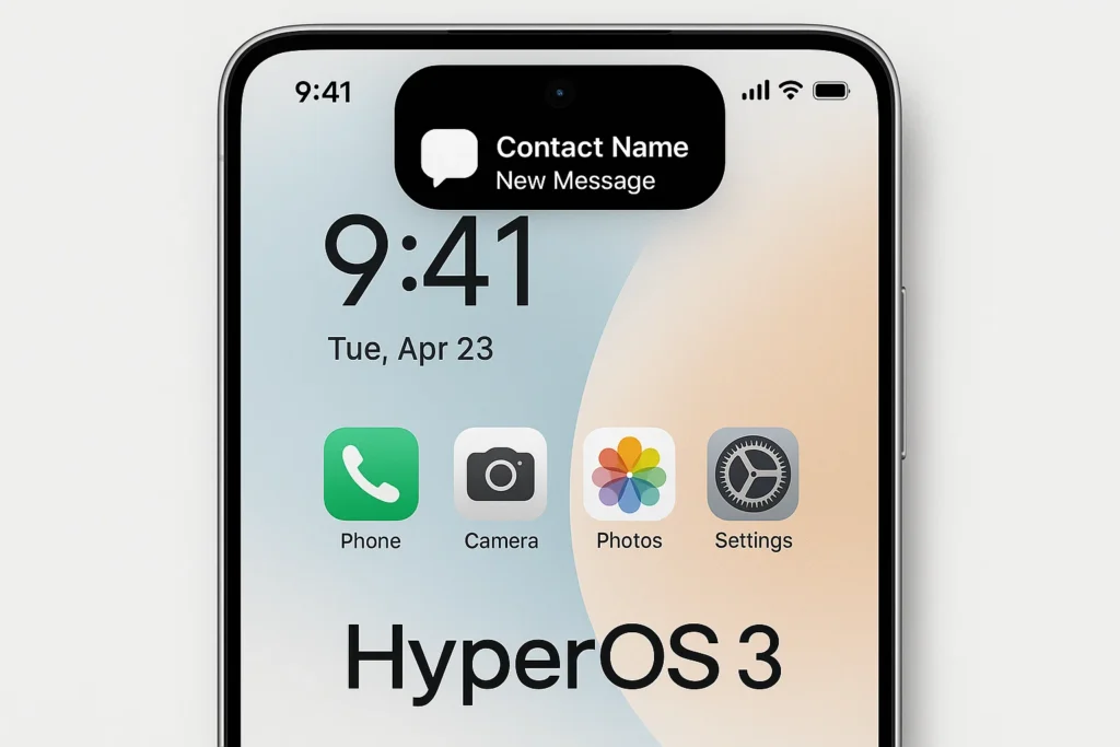 Screenshot of Xiaomi HyperOS 3 interface with dynamic pill notification. Caption: Mock-up of the new HyperOS 3 UI on a Xiaomi phone, featuring a “dynamic island”-style pill notification around the punch-hole front camera.