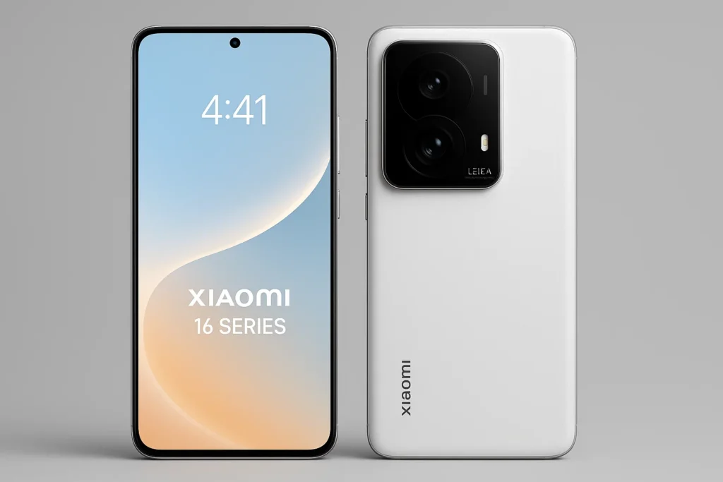 Xiaomi 16 series smartphone render with Leica camera system. Caption: Render of the Xiaomi 16 series phone showcasing its bezel-less front display and a Leica-branded rear camera assembly.