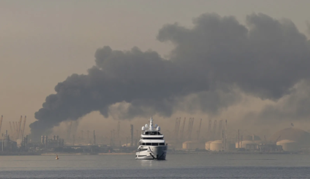 Smoke rising over Dubai’s Jebel Ali port after Iranian missile strike.