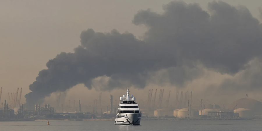 Smoke rising over Dubai’s Jebel Ali port after Iranian missile strike.