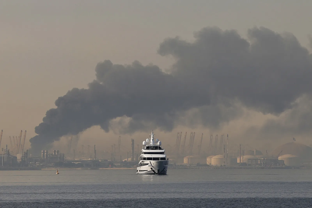Smoke rising over Dubai’s Jebel Ali port after Iranian missile strike.